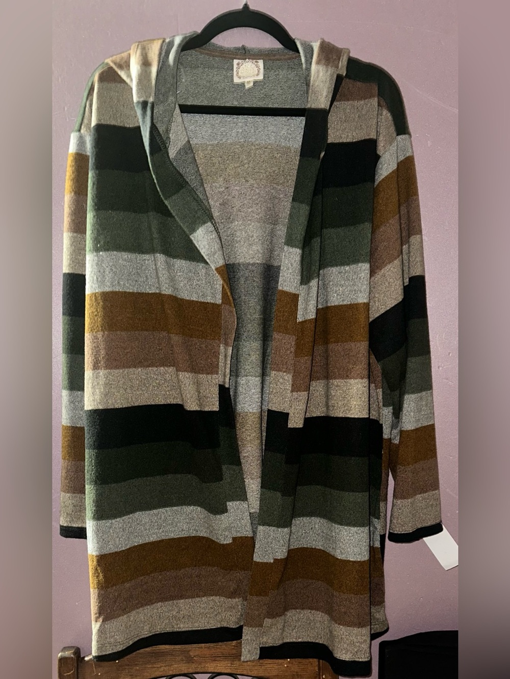 Striped Hooded Open Cardigan - Olive, Brown, Gray, Black